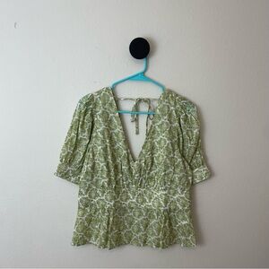 J. Crew Green Floral Paisley V Neck Puff Sleeve Top 10 NWT